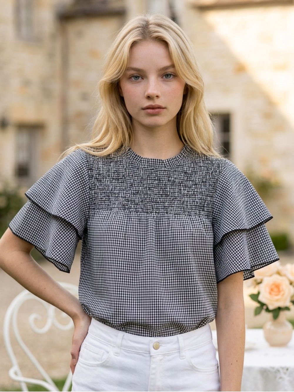 Black and White Gingham Ruffle Sleeve Top